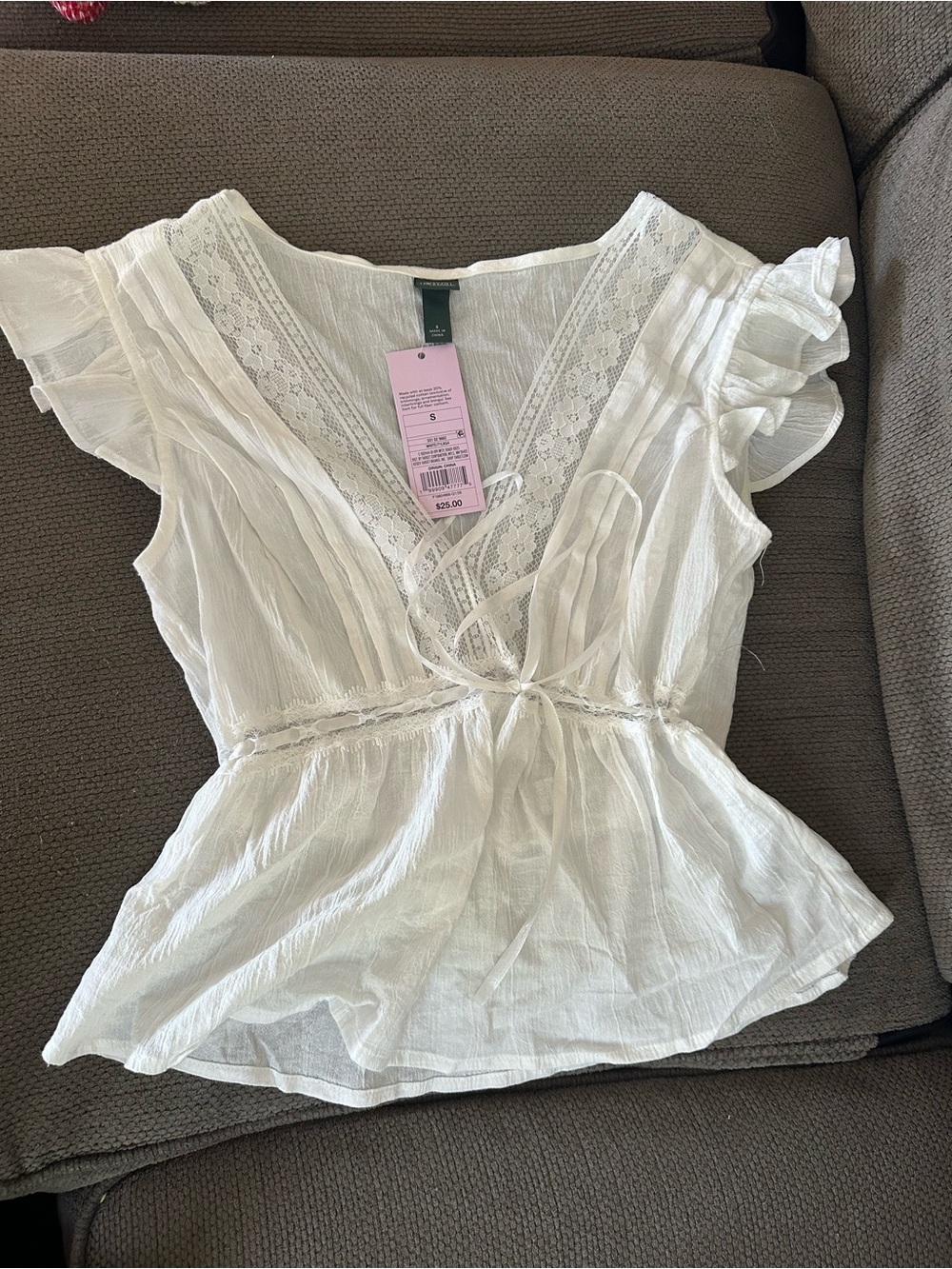 a new day White Lace Trim Tie-Waist Peplum Blouse